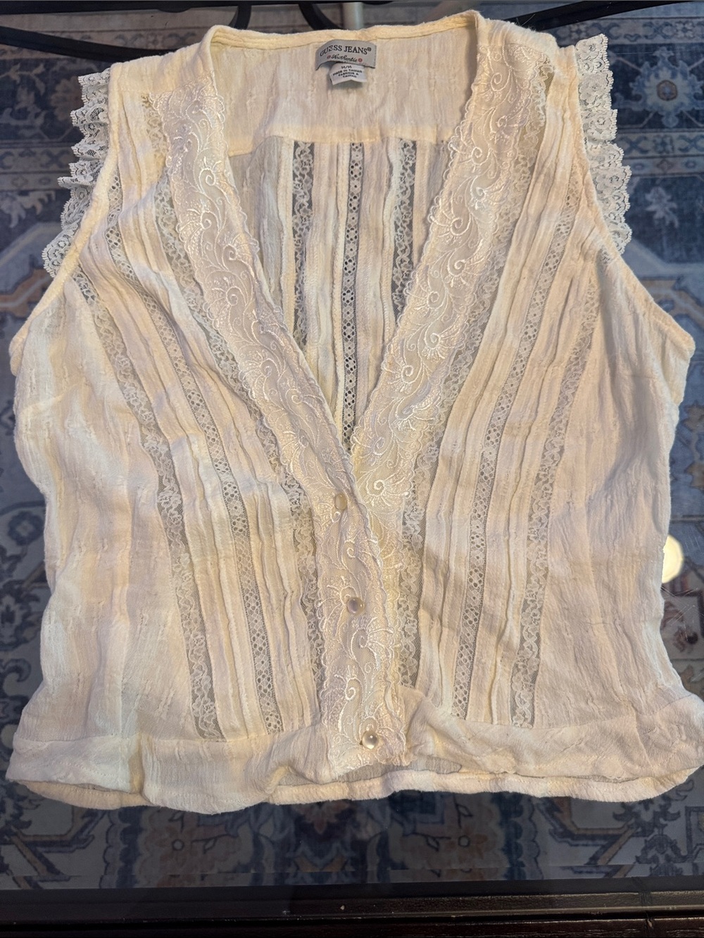 VTG Guess Cream Lace-Trim Button Front Camisole